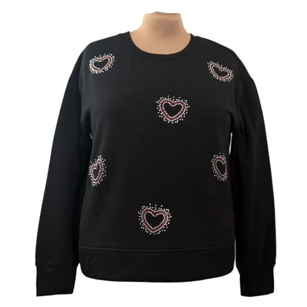 JANE + DELANCEY Black Knit Sweater with Rhinestone Hearts, NWT! Size XL